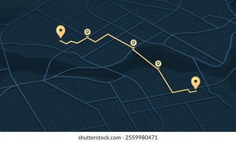 GPS navigation to pins and multiple markers on route. City map featuring directional signs, an intended goal point. Abstract plan highlights POI city streets. Vector illustration with designated route