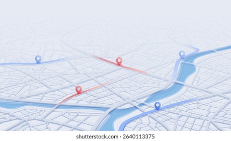 GPS navigation to pins and multiple markers on route. City map featuring directional signs, an intended goal point. Abstract plan highlights POI city streets. Vector illustration with designated route