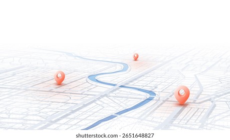 GPS navigation to pins and multiple markers on route. City map featuring directional signs, an intended goal point. Abstract plan highlights POI city streets. Vector illustration with designated route