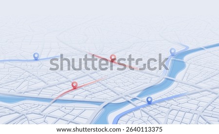 GPS navigation to pins and multiple markers on route. City map featuring directional signs, an intended goal point. Abstract plan highlights POI city streets. Vector illustration with designated route