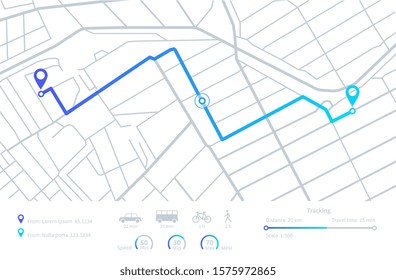 GPS navigation. Planning routes. Mobile navigating map with location city streets. Distance tracking. Vector dashboard interface elements