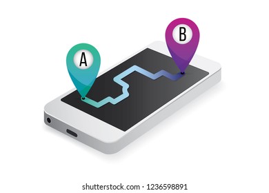 GPS navigation from point A to point B using a navigation software application on smartphone. Isolated on white. Vector EPS 10.
