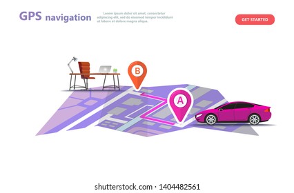 GPS navigation, point location on a city map.Path route on the map from home to work office. Car and satellite navigation systems isolated concept vector illustration on white background