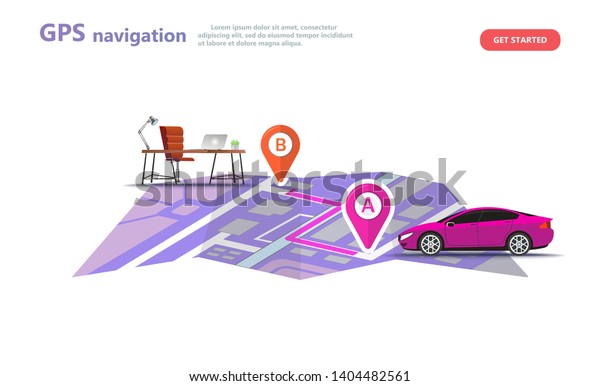 GPS\
navigation, point location on a city map.Path route on the map from\
home to work office. Car and satellite navigation systems isolated\
concept vector illustration on white\
background