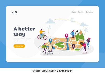 Gps Navigation Positioning Landing Page Template. Tiny Characters at Huge Location Map, People Use Online Application on Smartphone with Geolocation App Pins for Routes. Cartoon Vector Illustration