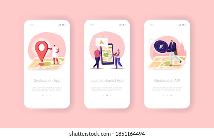 Gps Navigation Positioning Mobile App Page Onboard Screen Template. Tiny Characters at Huge Location Map, People Use Online Smartphone with Geolocation App Pins Concept. Cartoon Vector Illustration