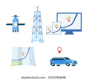 GPS navigation or road direction navigators satellite system equipment set, flat vector illustration isolated on white background. Journey route map, car and tower.