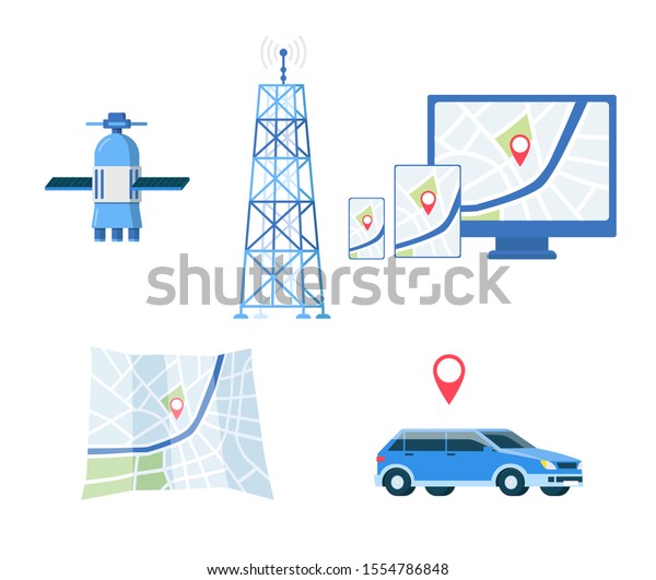 GPS navigation or road\
direction navigators satellite system equipment set, flat vector\
illustration isolated on white background. Journey route map, car\
and tower.
