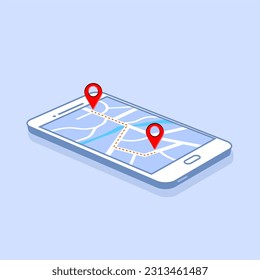 GPS navigation or route with check-in symbol on screen of mobile phone. Vector