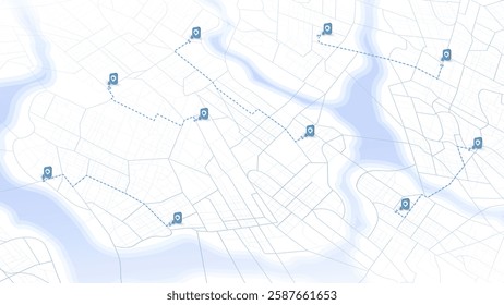 GPS navigation routes with multiple location markers on city map. Abstract urban paths, and destination highlighted POIs. Detailed vector illustration navigation concepts