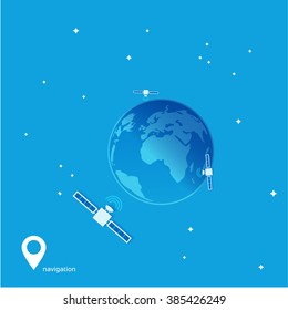 gps navigation, satellites flying over the planet, vector illustration