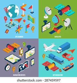 Gps navigation satellites markers and devices with symbol and accessories isometric icon set isolated vector illustration