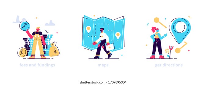 GPS navigation service application. Business investment and money savings cliparts set. Fees and funding, maps, get directions metaphors. Flat style vector isolated concept metaphor illustrations