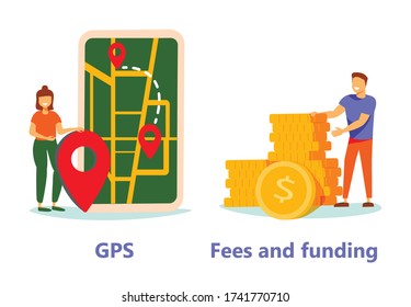 aplicación de servicio de navegación GPS. Grupo de clientes de inversión empresarial y ahorro de dinero. Tarifas y financiamiento, mapas, direcciones metáforas. Ilustraciones de metáforas conceptuales aisladas por vectores