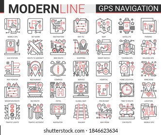 Gps navigation service complex concept line icon vector set. Red black thin linear website design collection of travel symbols for mobile navigator, map geo location of home or traveling destination