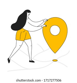 Servicio de navegación GPS, obtener el concepto de icono de dirección. Muchacha de dibujos animados colocando el pin tag en el mapa. Ilustración vectorial de línea plana en blanco.