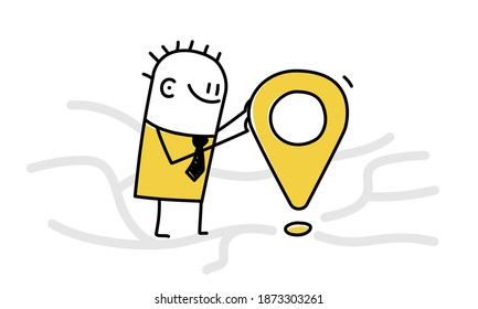 GPS navigation service, get direction icon concept. Cute stickman placing the pin tag on the map. Vector illustration.