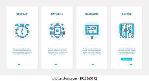 Gps navigation service technology vector illustration. UX, UI onboarding mobile app page screen set with line geocaching travel adventure equipment to navigate, compass navigator satellite symbols