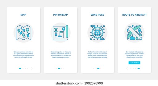Gps navigation service vector illustration. UX, UI onboarding mobile app page screen set with line pointer pin route on navigator map for car or plane travel, flag destination marker, wind rose symbol