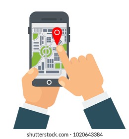 Gps navigation with smartphone. businessman is guided by the map in the mobile application. Flat vector cartoon illustration. Objects isolated on white background.
