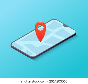 GPS Navigation in the smartphone. City map and address. Isometric 3d smartphone. Vector isometric illustration.
