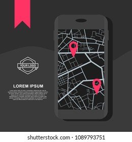 Gps navigation with smartphone. Guided by the map in the mobile application. Flat vector cartoon illustration. Objects isolated on white background.