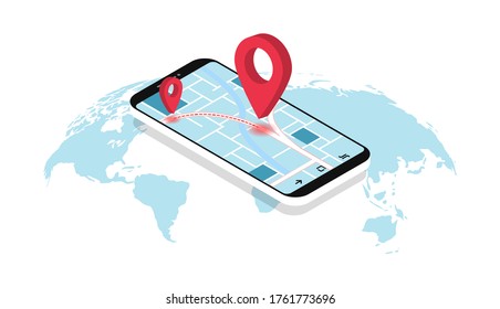 GPS navigation. Smartphone with map, route and pointers. Geolocation. Map world. Vector isometric.