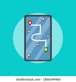 GPS navigation in the smartphone with red, green and gray pointers. Track navigation pins, map navigation. Flat vector illustration