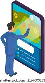 Gps navigation in smartphone, tracking with mobile app, search for path. Man looking at map of area with marks. Position for orientation and determination of location. Scheme of guide roads and routes