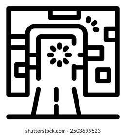 Gps navigation system is displaying a route with a loading icon, indicating that the system is processing information