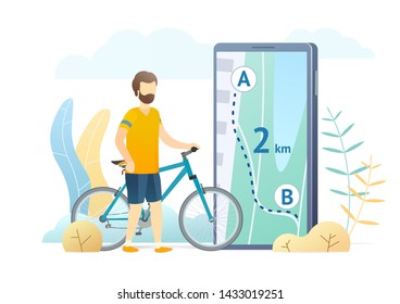 GPS navigation system flat vector illustration. Young man with bicycle cartoon character. Cyclist with bike and city map on big smartphone screen. Navigator application, urban travel route.