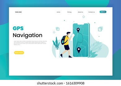 Gps navigation system landing page with characters. Navigation illustration landing page template