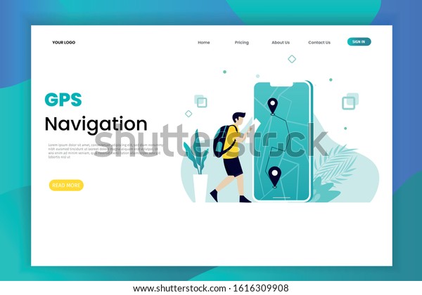 Gps navigation system\
landing page with characters. Navigation illustration landing page\
template