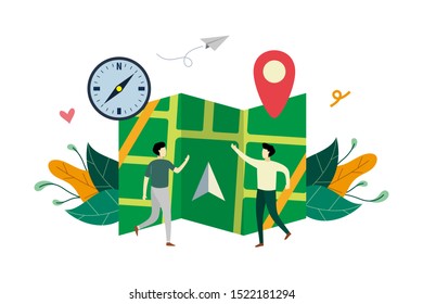 GPS navigation system, location on the city map flat illustration with small people concept vector template, suitable for background, landing page, ui, ux, advertising illustration