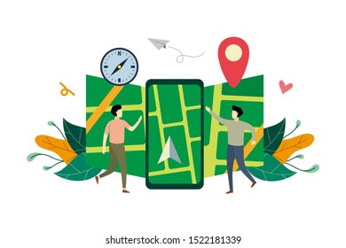 GPS navigation system, location on the city map flat illustration with small people concept vector template, suitable for background, landing page, ui, ux, advertising illustration