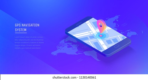 Gps navigation system. Mobile application for navigation. Gps smart tracker. Mobile phone is a mark on the map. Modern vector illustration isometric style.