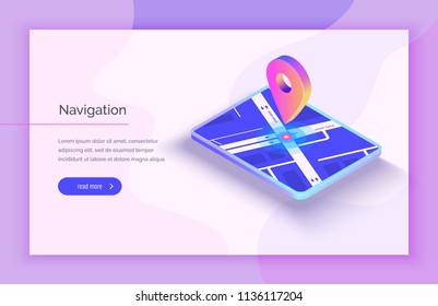 Gps navigation system. Mobile application for navigation. Gps smart tracker. Mobile phone is a mark on the map. Modern vector illustration isometric style.	