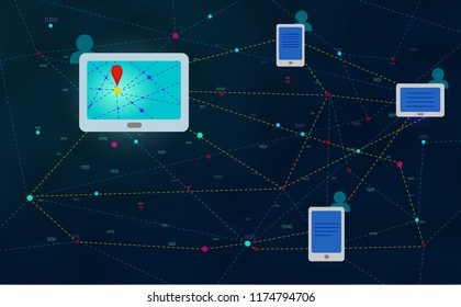 Gps navigation system. Mobile application for navigation. Gps smart tracker. Social network, people connecting all over the world. Internet, communication concepts on a network with IPhone. Vector.