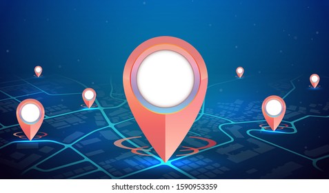 GPS navigation system with pins mockup showing on city map.vector illustration