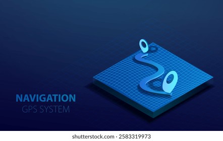 GPS Navigation system. Technology isometric topography vector illustration. Mountain hill wireframe map in topology style. Blue shiny landscape with road and pins. Geo location place.