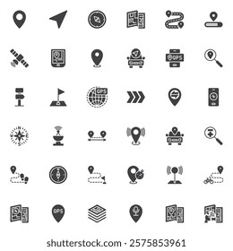 GPS navigation vector icons set, modern solid symbol collection, filled style pictogram pack. Signs, logo illustration. Set includes icons as gps tracker, map pin, location marker, compass, route