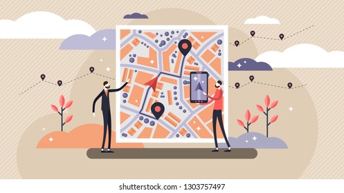 GPS navigation vector illustration. Flat tiny persons concept with map location. Satellite view city with marked direction from pin to destination. Technology maps and virtual wireless streets guide.