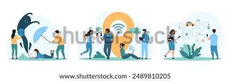 GPS navigation, VPN service set. Tiny people work with location pin for tracking online car route on city map, protect network and access with proxy server and umbrella cartoon vector illustration