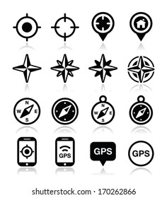 GPS navigation, wind rose, compass icons set