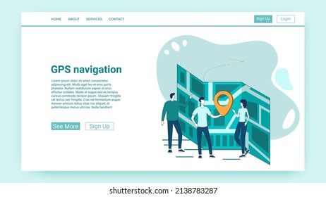 GPS navigation.People study electronic maps and determine their location.An illustration in the style of a green landing page.