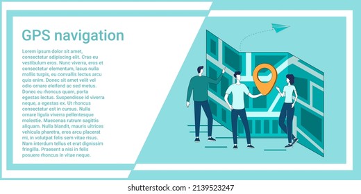 GPS navigation.People study electronic maps and determine their location.An illustration in the style of a green landing page.