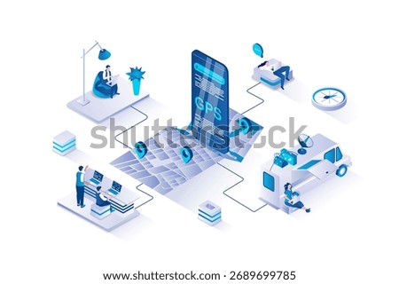 GPS navigator 3d isometric concept with isometry people design for web. Users tracking transportation route online on city map in mobile navigation app, positioning location. Vector illustration.