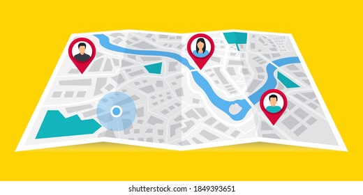 GPS navigator. The concept shares its geolocation with others. Search by geolocation. Tracking the location of a person using a phone. Maps navigation with point markers. Friends locations