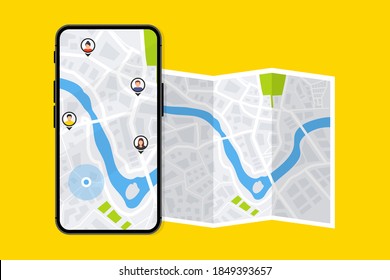 GPS navigator. The concept shares its geolocation with others. Search by geolocation. Tracking the location of a person using a phone. Maps navigation with point markers. Friends locations