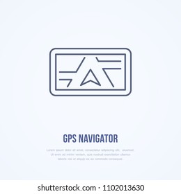 Gps navigator flat line icon. Navigation, vector illustration of traveling device. Thin linear logo for technology store.